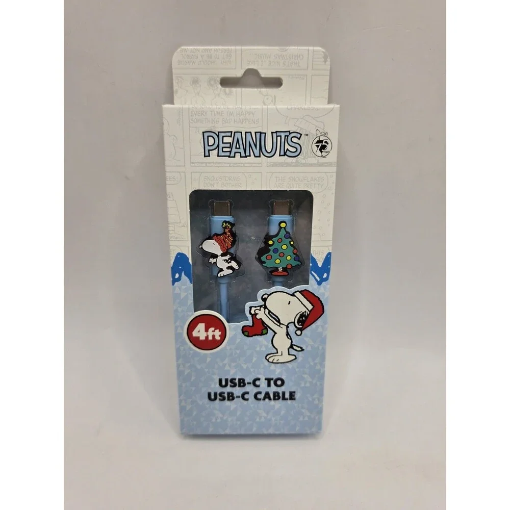 Peanuts Snoopy Skate Christmas Tree USB-C to USB-C Cable 4ft Charging Data NEW